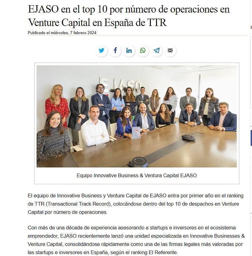 EJASO en el top 10 por nmero de operaciones en Venture Capital en Espaa de TTR